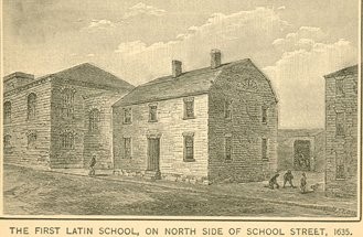 The first Boston Latin School, on the North side of School Street, 1635.  Although the postcard says 1635, it is likely that this is the building that was constructed about 10 years later. 