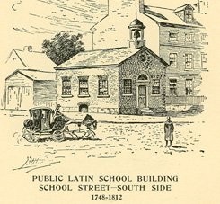 The second Boston Latin School, on the South side of School Street, which sat on this location from 1745-1812.