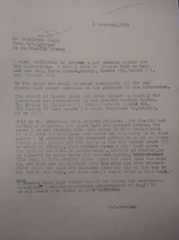 A 1924 letter in which Merriam suggests a change to the grading system