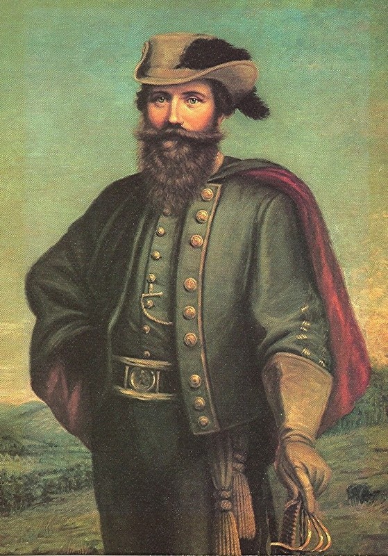 J.E.B. Stuart portrayed in his famous cape and plumed hat.