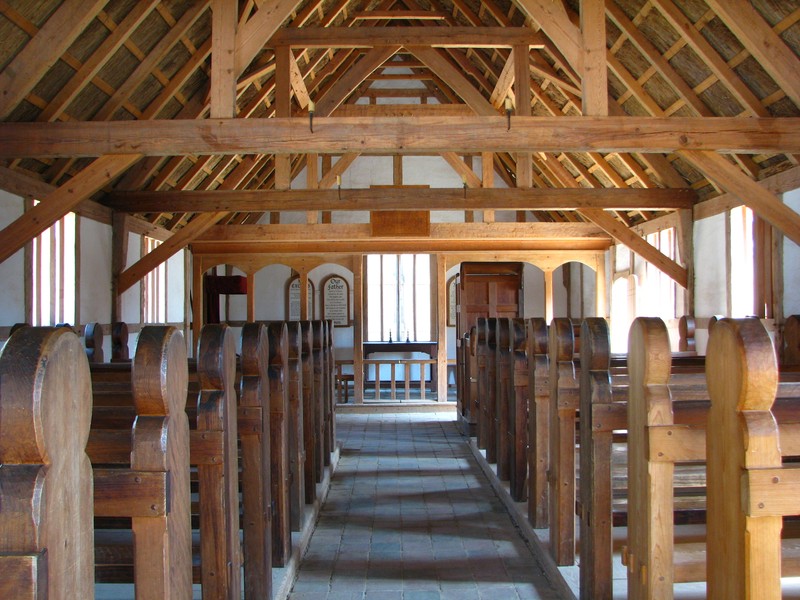 Interior of recreated Jamestown Settlement Church by Catherine on Wikimedia Commons (CC BY-SA