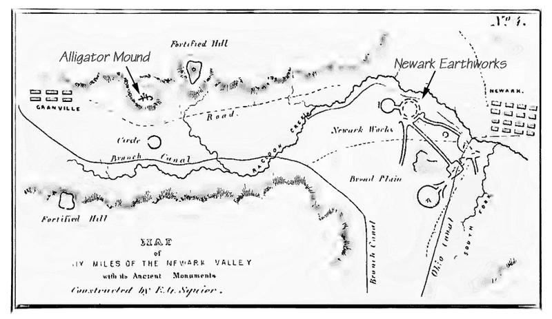 Survey site map showing the "alligator" compared to other earthworks in the area at the time.