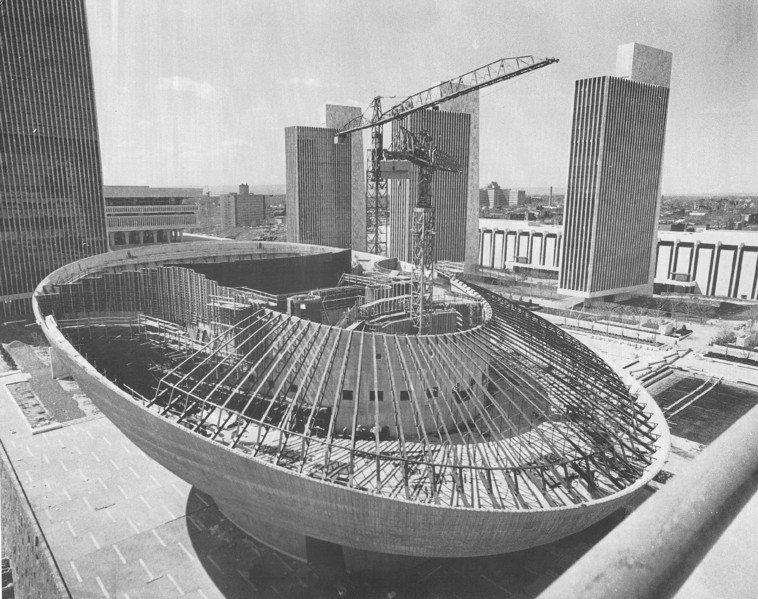 The Egg during construction. The stem extends six stories underground to support the shell.