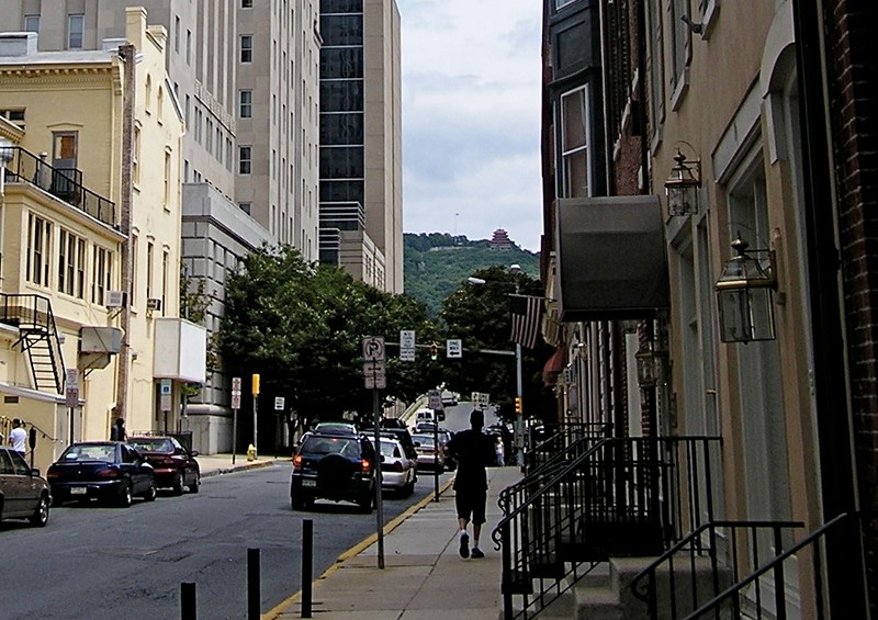 City of Reading street with the Pagoda overlooking it from Mt. Penn