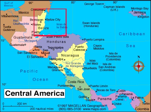 This map shows the location of Belize in relation to the rest of Central America.