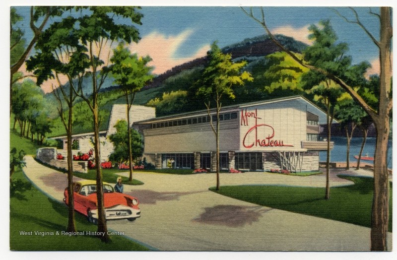 A stylized postcard of Mont Chateau, ca. 1958 - 1969. The back reads, "A Modern Rustic 55 room Lodge blended into the historic and romantic setting of the 'Old Mont' just seven miles from Morgantown and the West Virginia University campus. Reasonable rates, dining room, swimming, horseback riding, boating, hiking, skiing, hunting and fishing."