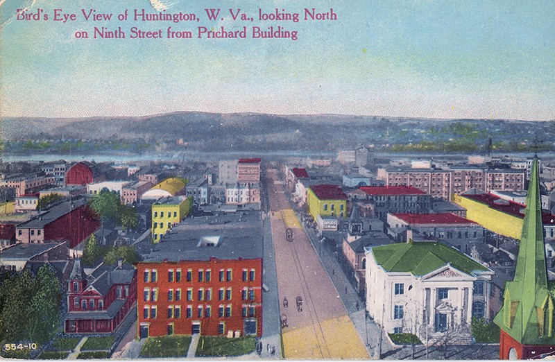 Postcard showing the Adelphia's second location, at left, across from the old Carnegie Library 