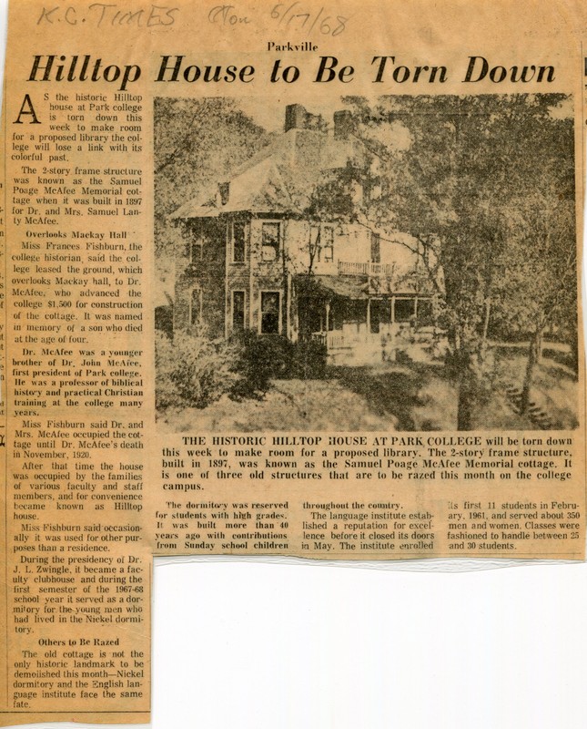 Newspaper article of Hilltop's demolition, along side two other buildings. Date of article is June 17, 1968.