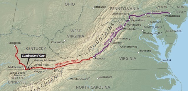 A map of the eastern region of the United States with present day state boundaries. The historical roads, Great Valley Road and the Wilderness Road are depicted.