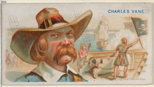 A print of Charles Vane who stands stoically while cannons are fired behind him. 