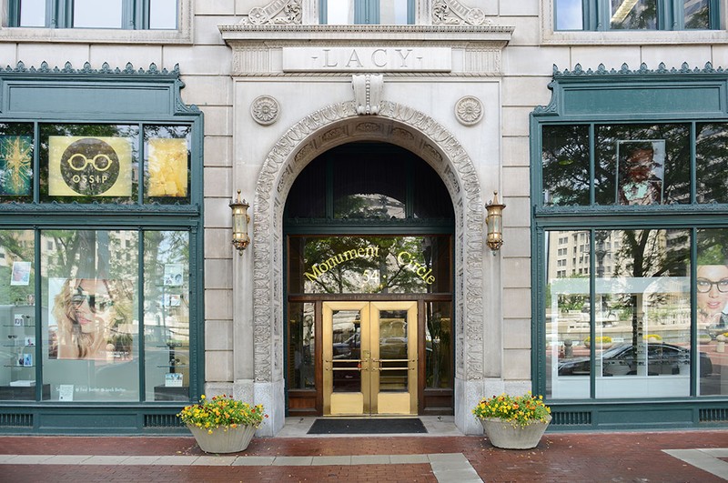 The Test Building's arched entryway along Monument Circle prominently features its alternative name, "Lacy." 