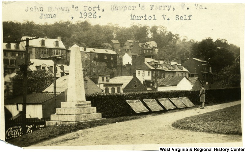 This photo from 1926 shows the 5 tablets placed by the government commemorating the Battle of Harpers Ferry. Image obtained from the West Virginia & Regional History Center.