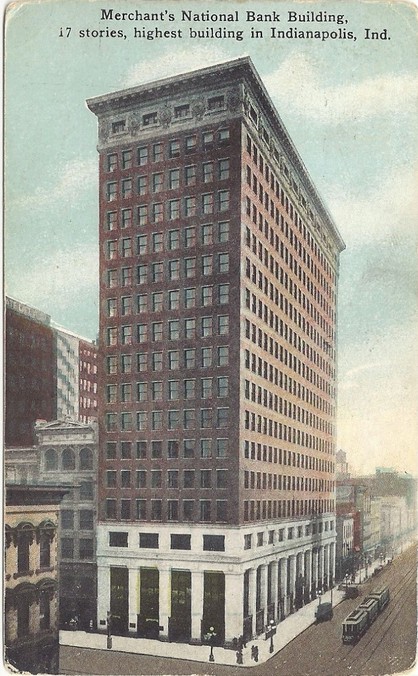 A 1916 penny post card that features the Merchants Bank Building and proclaimed it as the "highest building in Indianapolis."  