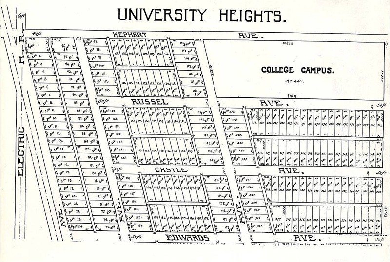 An early design of the University Heights neighborhood, to include the lot that would eventually be home to Good Hall in the upper right.  