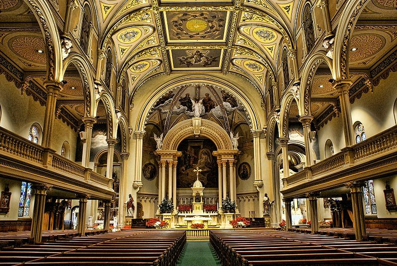 The interior of St. Mary's was designed in the French Gothic Revival and Italian Romanesque architectural styles.