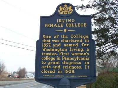 Irving Female College Historical Marker on the corner of E. Main and Filber Street in Mechanicsburg, PA at the coordinates of 40° 12.93′ N, 76° 59.977′ W.