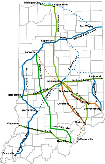 Map of the Michigan Road, other roads, canals that criss-crossed Indiana, linking East and West (especially the Northern regions of both directions. 