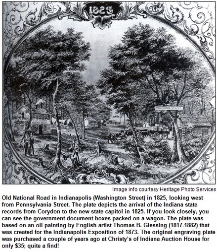 1825 engraving of the Old National Road being carved out of what is today Indianapolis's Washington Street. This is a great period time example of the roads that cut through the state and the city of Indianapolis. 