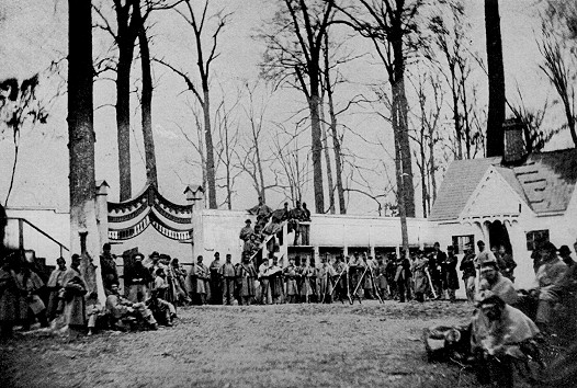 Guard and Guard-house at Camp Morton near Indianapolis, Indiana.
The 60th Regiment Massachusetts Veteran Volunteers on guard.
August to November, 1864. Source: Prisoners of War, 1861-65