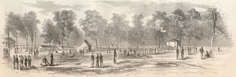 CAMP MORTON, NEAR INDIANAPOLIS, INDIANA.(Woodcut Illustration from Harper's Weekly, 9/13/1862, p. 588.) Illustration Courtesy of the Son of the South Civil War web site