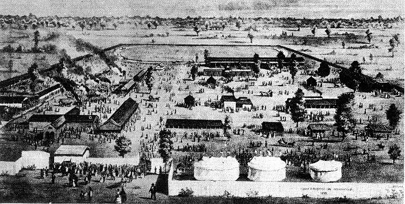 The State Fair in 1870.  It was then located on the site of old Camp Morton, between Delaware and New Jersey street, from 19th to 22nd streets. Source: Indiana Historical Bureau, date unknown 