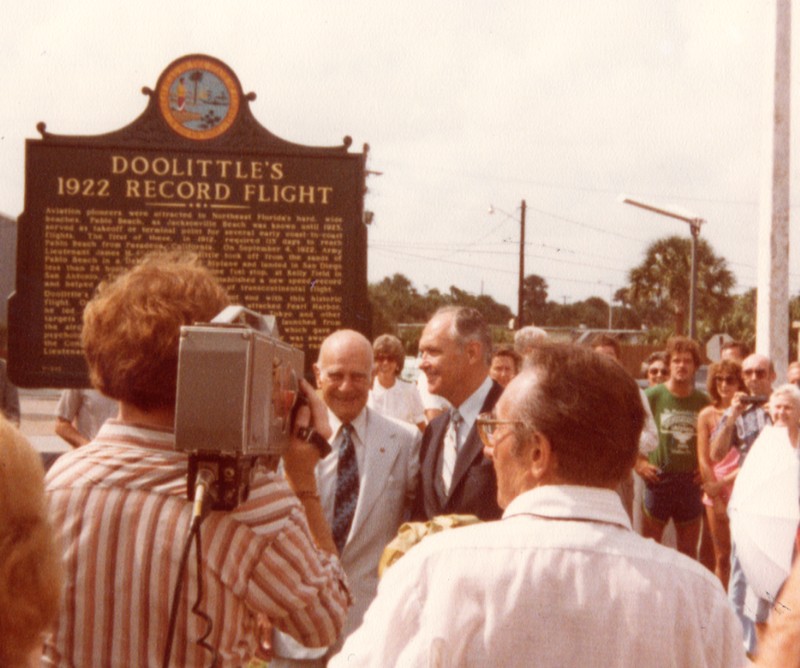 On September 4, 1980, the Society invited Lt. Gen. Doolittle back to Jacksonville Beach to unveil and dedicate a marker honoring his historic flight in 1922.  Doolittle is the man in the pale suit and tie.