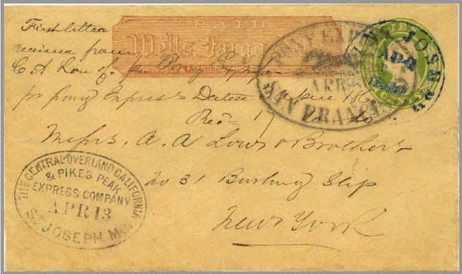 Letter from first eastbound Pony Express mail delivery to St. Joseph, Missouri.