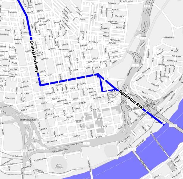 Map showing the canal route through Cincinnati.