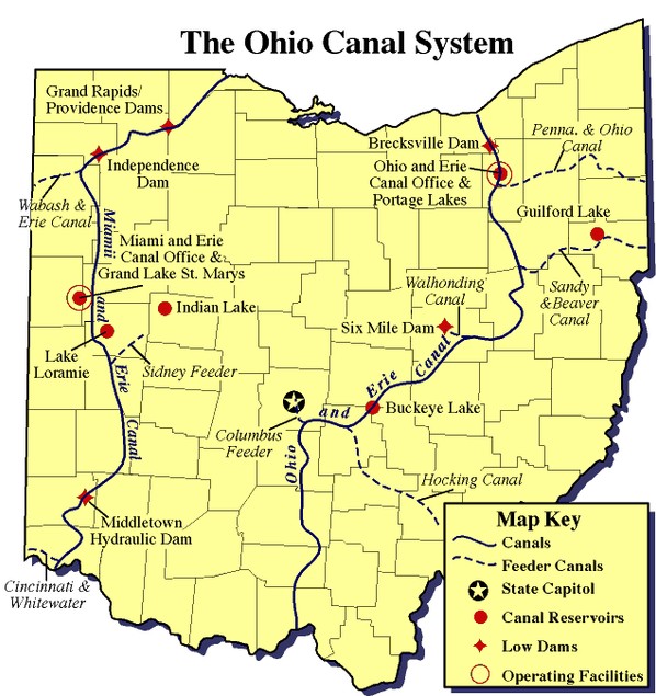 Map showing the Miami and Erie Canal, and the Ohio and Erie Canal.