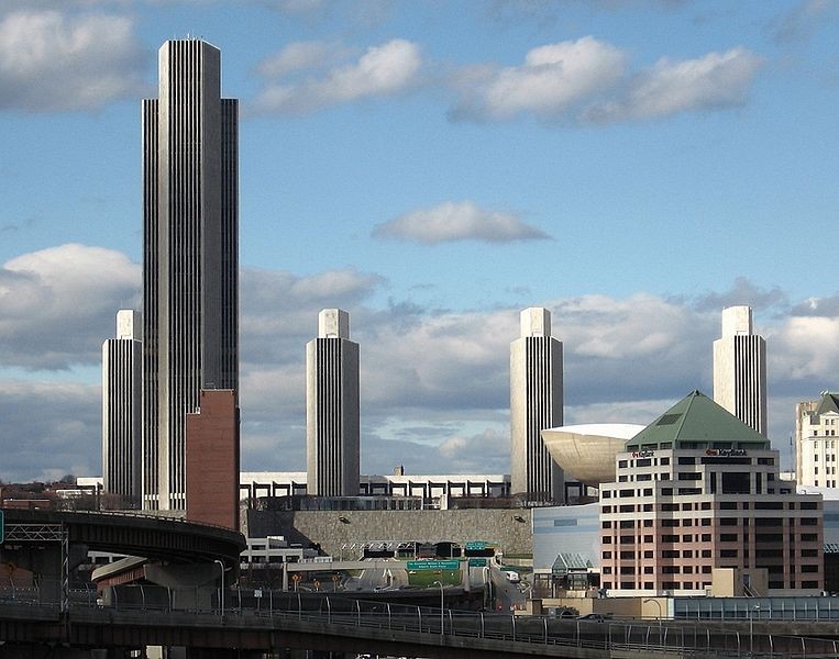 Side view of the Empire State Plaza, showing the Corning Tower, the Egg and the Agency Buildings.