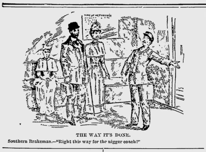 Cartoon depicting the travails of African American railway travel.  Appeared in the Indianapolis Freeman newspaper on January 30, 1892.