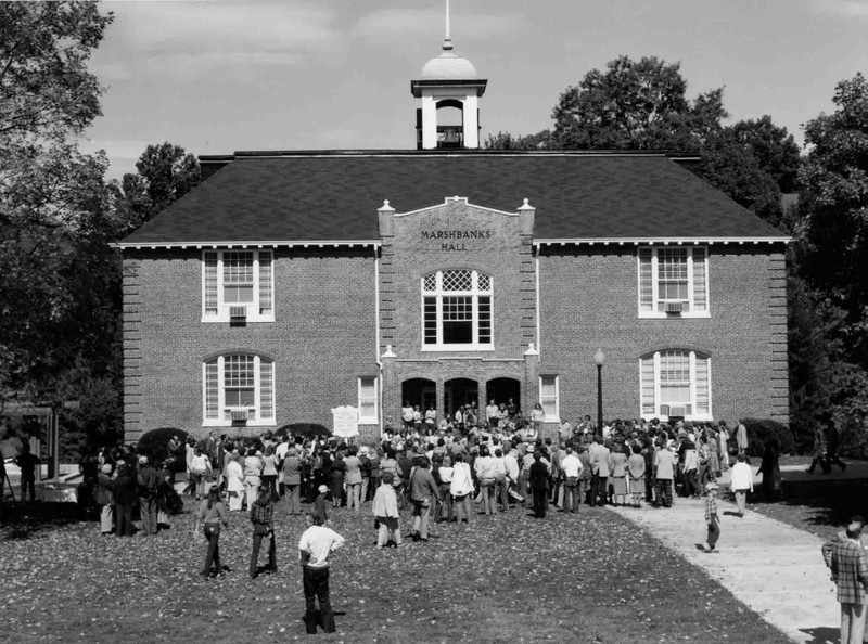 Crowd gathering for the renaming of Robert Lee Moore Hall to Marshbanks Hall, 1979.