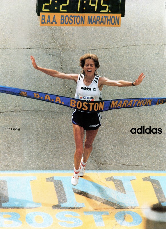 Celebration of the 100th running of the Boston Marathon. Largest turnout of the race ever. Uta Pippig becomes first woman to win it three consecutive times. 