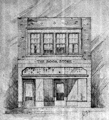 An architect's rendering of a two-story version of The  Book Store. undated.  Perhaps a second floor was planned.  This might explain why the building's door is off-center.