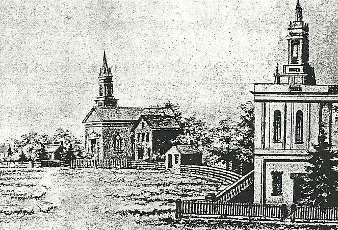 The probable appearance of the Indianapolis Station AME Church, 1858-1864. No image exists of the church after it was moved from the circle (above) to the Georgia Street site.  Image Source: Eli Lilly’s  The Little Church on the Circle