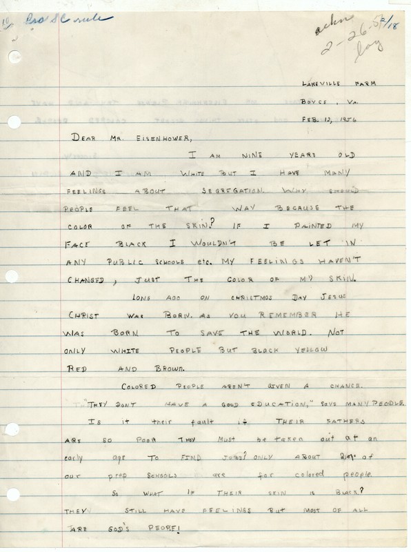 Drew Gilpin's letter (page 1) to President Eisenhower, 9 February 1957 (misdated 1956), Dwight D. Eisenhower Presidential Library.