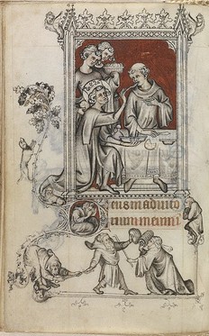 A page from Jean Pucelle's Heures de Jeanne d'Evreux. The image depicts an act of charity in which church officials are feeding a leprous monk.