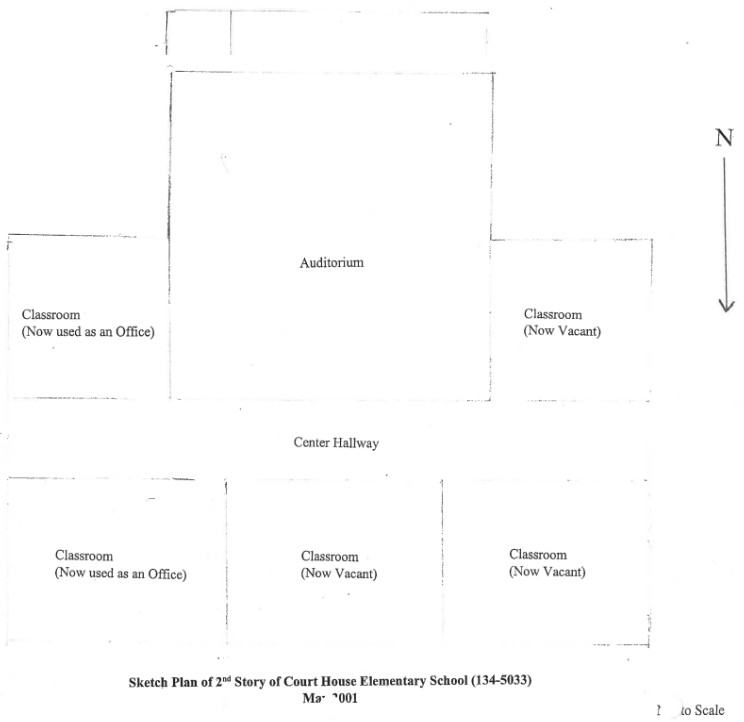 A sketched plan of the second floor of the 1931 Court House Elementary School building. Note that the auditorium is not accessible from the second floor.