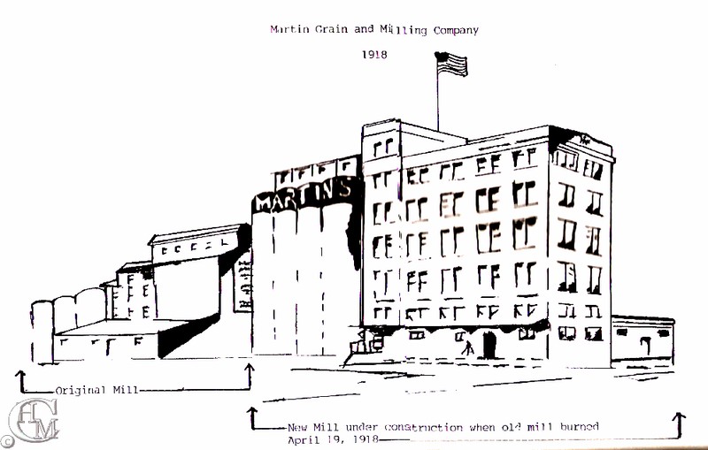 Sketch of the original mill at left and the new 1918 concrete mill courtesy of Susan L. Ferguson.