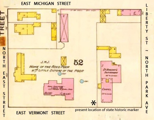 1887 City Block Map showing the location of St. Vincent's at the lower righthand corner. Source: IUPUI Center for Digital Scholarship. Creator: Sanborn Fire Insurance Map