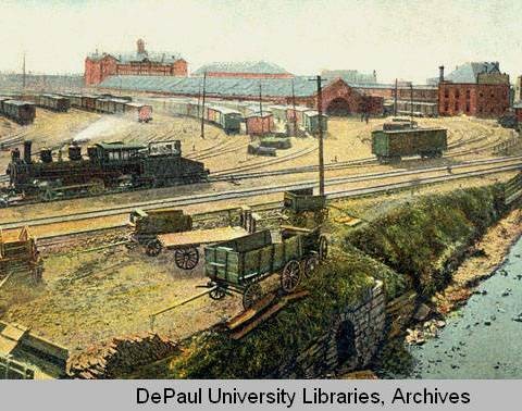 Post Card, 1910: The second location of St. Vincent's Infirmary (background, with central tower). Source: Vincentiana Collection, DePaul University Special Collections, Chicago, Illinois.