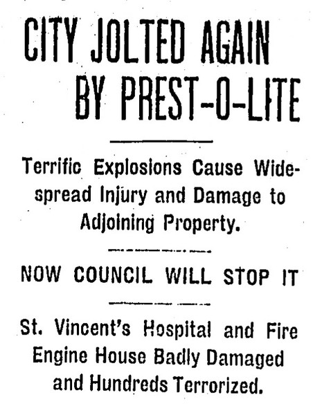 1908 Indianapolis Star headline on the Prest-O-Lite explosion and fire. Victims were treated at St. Vincent's (at its second location). Image source: Indianapolis Star June 7, 1908. 