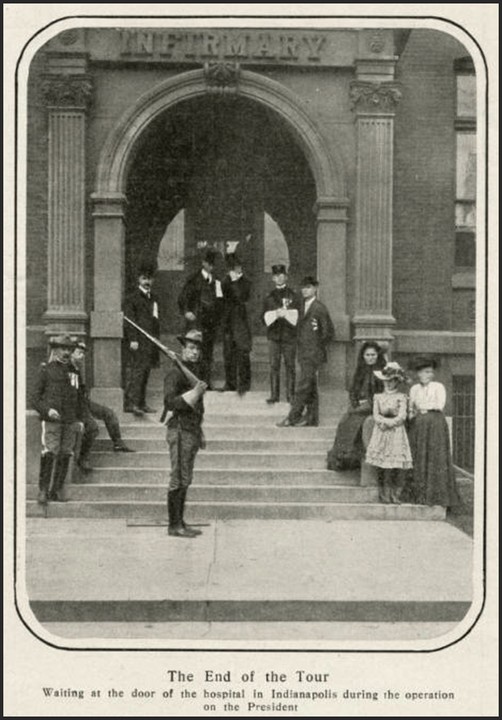 In a photo from Harper’s Weekly, Soldiers stand watch outside of St.Vincent (third location) during Teddy Roosevelt’s 1902 surgery. Photo: courtesy of the Indiana Historical Society. 