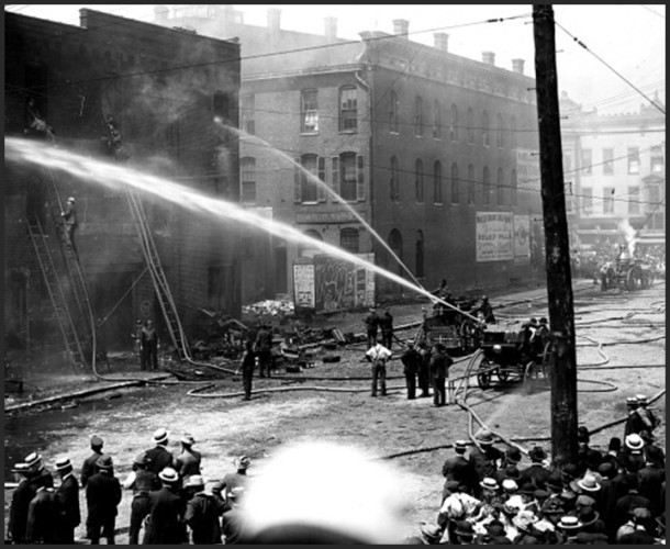 Firefighters battle the blaze from the Prest-O-Lite blast that helped drive St. Vincent’s north. Victims were helped at the Infirmary's second location. It moved 5 years later. Photo: courtesy of the Indiana Historical Society