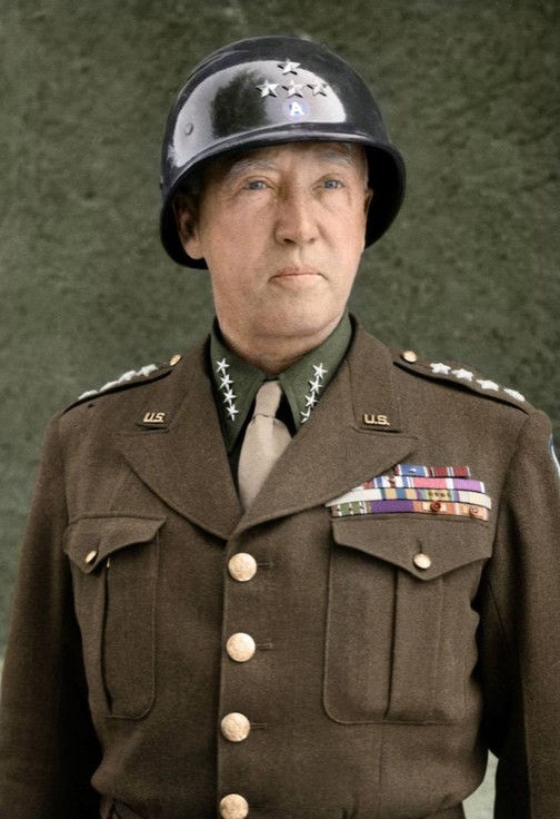 A color portrait of General Patton from World War II, wearing four stars