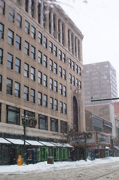 Exterior of the theater on a snowy upstate New York day.