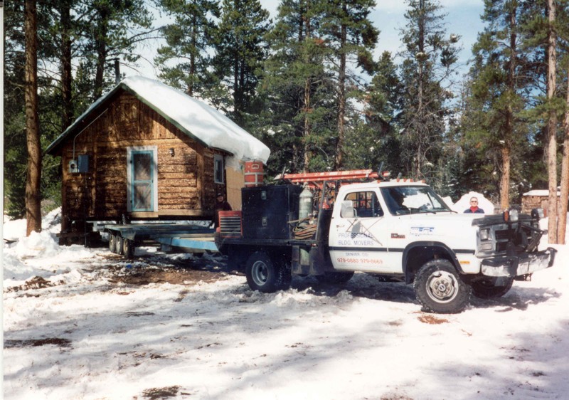 Relocation of the Niemoth Cabin in 1996, from Bill's Ranch Neighborhood to the Frisco Historic Park. Moved by Professional Building Movers of Denver.