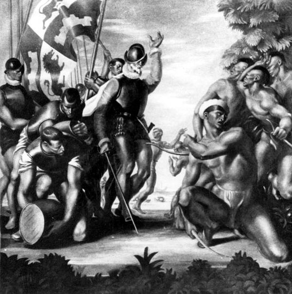 A detail of Hardman's mural entitled "Discovery" features Native Americans reacting to the arrival of Ponce de Leon in 1513.  