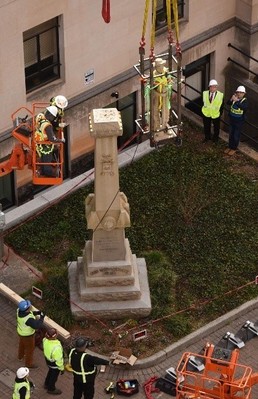Removal of the Confederate Soldiers Monument on March 12, 2019. Mayor Allen Joines is in the top right looking on.