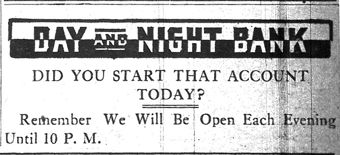 An advertisement for the Day & Night Bank in the Huntington Advertiser newspaper published on March 23, 1912, showing the logo for the bank.